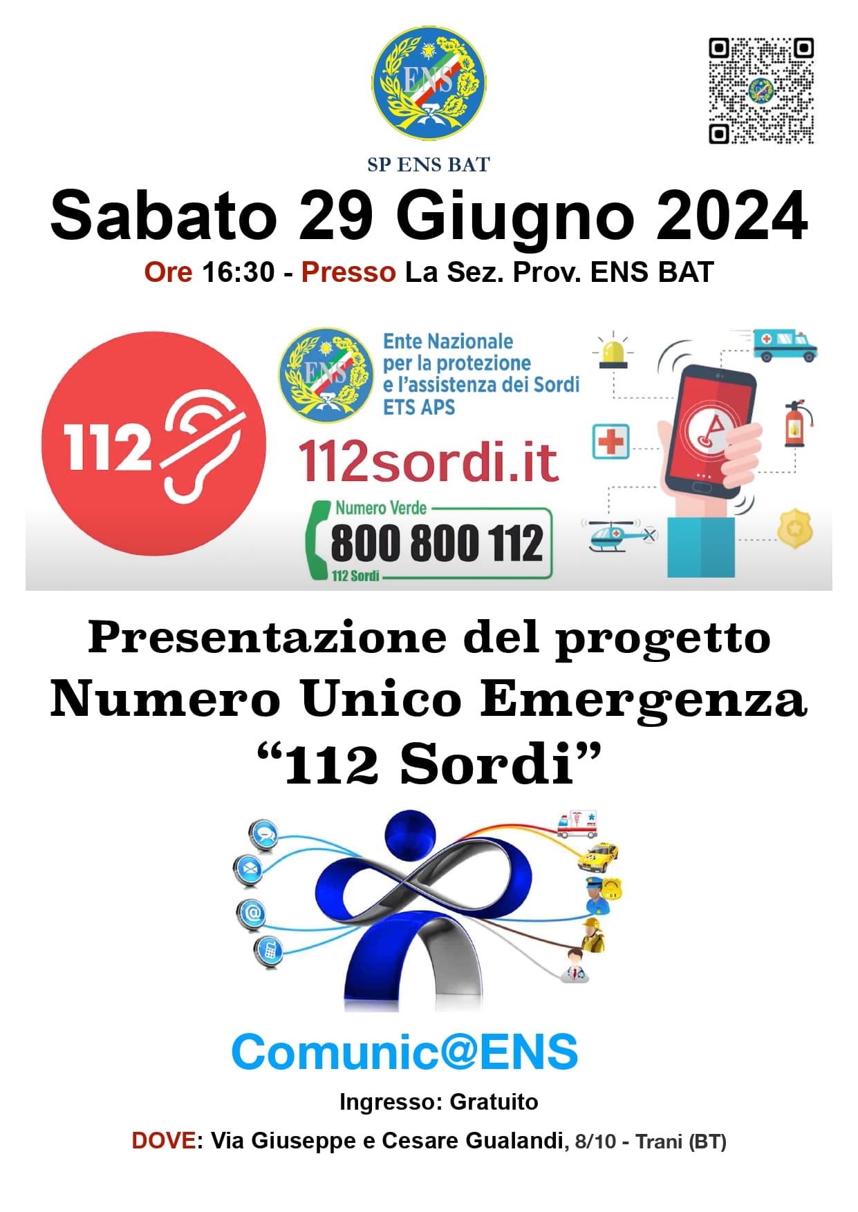 Locandina 29 Giugno 2024 Unico Numero Emergenza 112 Sordi ENS BAT